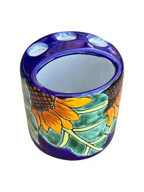 Hand-Painted Talavera Ceramic Toothbrush Holder Sunflower Design Made In Mexico